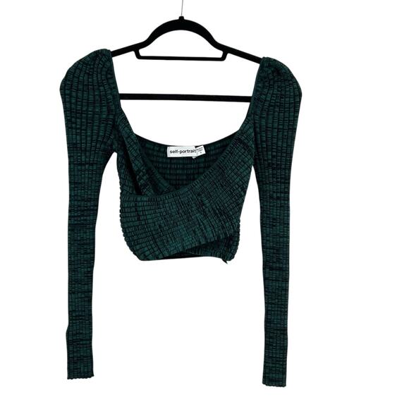 Self‎ Portrait Crossover Ribbed Knit Crop Top Long Sleeve Green Black Size Small - Picture 3 of 12